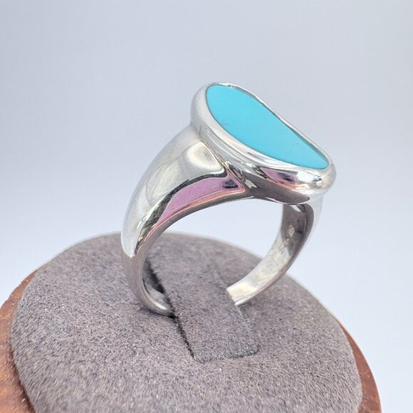 VTG Solid Sterling SIlver 925 Turquoise Bezel Set Tapered Band Ring Size 9 - Picture 2 of 10